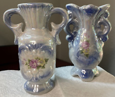 Pair of Vintage WBI Ceramic Bud Vases w/ Handles Blue Iridescent Lusterware 4.5