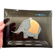 Vintage MCM Smoked Curved Glass Trinket Dish Gray & Gold Elephant Graphic picture