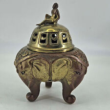 Vintage Heavy Brass Champleve figural Incense votive Vase Pot Japan Rare picture