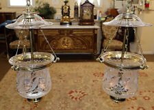 Stunning Pair of Brass Etched Glass Three Light Chandelier Bell Jar Lanterns picture