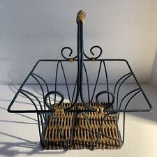 Vtg Wire~Wicker French Country Handled Square Basket~Dark Teal~Farmhouse~8