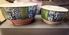 2 Japanese Arita Imari Ware Porcelain Bowls Blue Flower Pattern Japan Vented Lid picture