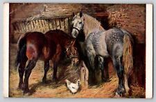 R. Lecourt Stable Horses Eating Hay Salon de Paris Antique Linen Postcard 1930s picture