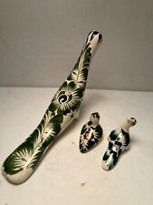Vintage Tonala Mexican Folk Art Pottery Birds Hand Painted Floral Ceramic Set 3 picture