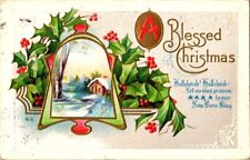 ANTIQUE Post Card Scene in Bell Shape Blessed Christmas posted 1917 picture