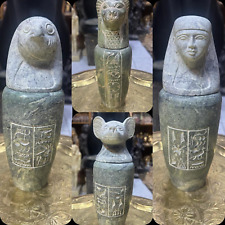 RARE EGYPTIAN ANTIQUES 4 Canopic Jars as One Original Carved From Green Granite picture