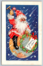 c1910s Embossed Santa Clause World of Joy Sitting On Globe Antique Postcard picture