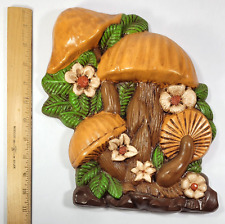 Mushroom and Flowers Large Vintage Chalkware Wall Plaque picture