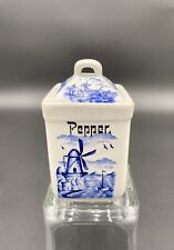 Vintage German Pepper Jar, Blue and White, Decorated Lid, Windmills & Sailboats picture