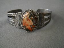 Old Southwestern Native American Petrified Wood Sterling Silver Stamped Bracelet picture