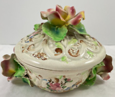 Antique Capodimonte Lidded Bowl Pink Yellow Rose Flower Italy 2528 6.5x 5x 5 picture