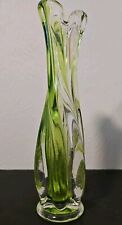 MCM Swung Vase Vintage Green Clear Twisted Art Glass Vase Spring Ruffled Fingers picture