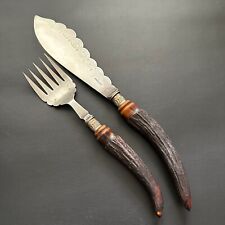 ANTIQUE FRANCIS HOWARD EPNS & HORN HANDLE CUTLERY FISH SERVERS KNIFE & FORK picture