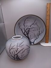 Vintage A NORA FENTON DESIGN Porcelain Grey Blossom Tree LOW BOWL & Vase picture