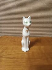 Vintage Ceramic  White Glossy Cat with Green Eyes And Painted Roses and 7