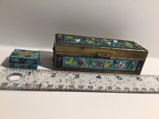 Vintage pair blue  Cloisonné Enamel Chinese Stamp Trinket Box’s  With Lid brass picture