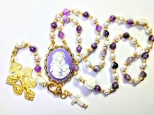 Victorian Style Genuine Amethyst Freshwater Pearl Bead Cream Rose Cameo Rosary picture