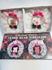 Vintage W.A. 2 Christmas Lace Teddy Bear Brown White Wreath Ornaments IOB 4