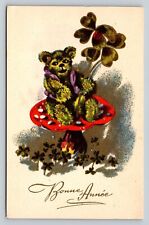 c1940s French Happy New Year Bonne Annee Teddy Sits Atop Mushroom VTG Postcard picture