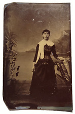 Original Old Vintage Antique Tin Type Metal Photo Picture Image Lady Black Dress picture