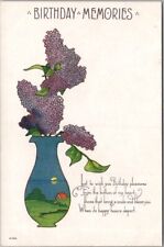 Vintage 1910s BIRTHDAY MEMORIES Embossed Postcard Purple Flowers Vase picture