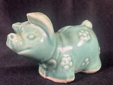 Vintage Antique Handmade Painted Ceramic Green Pig Farm Animal Figurine 3” picture
