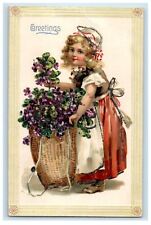 c1910's Greetings Pretty Girl Apron Flowers Basket Embossed Germany Postcard picture