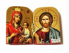 Greek Orthodox Lithograph Wooden Diptych Blessing Christ Gorgoepikoos 7x5cm picture