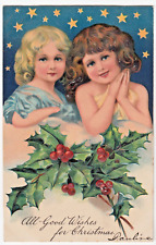 PFB Christmas ~ Girls with Starry Night & Holly, Vintage Xmas Postcard picture