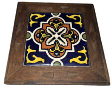 Vintage Orion Monterey Mexico Carved Wood & Painted Tile Trivet Navy Yellow picture