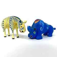 Brightly painted wood carved Zebra and Rhino African animals miniatures blue  picture