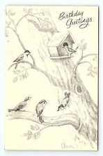 Birdhouse Birds Nest Sitting In Tree Birthday Greetings VTG Postcard A/S Sketch picture