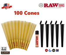 Authentic RAW Classic 1 1/4 Size Pre-Rolled Cone 100 Pack & Lighter & 5 Tubes picture