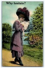 1911 Woman Big Hat Handwarmer Lake Scene Branch Pennsylvania PA Antique Postcard picture