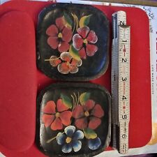 Wood Folk Art Mexican Batea Coasters Red Blue Orange Hand Painted Vintage picture