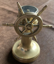 Vintage Brass Nautical Ship Wheel Helm with Ships Compass 4 5/8 Inches Tall picture