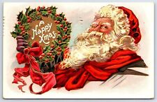 Postcard Santa Claus Holding Holly Wreath Merry Christmas Xmas c1911 S31 picture
