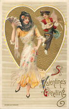 Valentines Day Postcard Winsch Schmucker Metallic Ink Spanish Woman Boy W/ Lute picture