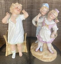 2 Rare Heubach Figurines Children At Chair And With Flowers German Bisque  picture