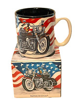 BURTON & BURTON - Ceramic All-American Motorcycle & Flag Coffee/Tea Mug New picture