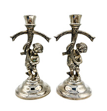 Vintage Renaissance Style Putti Silver Plated Metal Candle Holders - a Pair picture