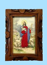 Vintage Jesus Christ The Good Shepherd Print Embroidery Wood Frame Folk Art 7
