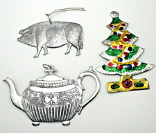 Lot of 3 Primitive Christmas Ornaments Teapot Pig Tree Silver tone Metal LOOK picture