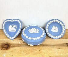 Lot Vintage Wedgwood Blue Jasperware Lidded Trinket Dish Box & 2 Trinket Dishes picture