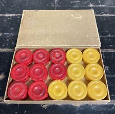 Vintage NOS Set Of 30 Bakelite Checker Pieces Red & Yellow In Original Box picture