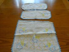 L-22 THREE  MATCHING VINTAGE EMBROIDERED & CROCHETED TABLE TOPPERS picture
