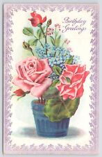 Birthday~Pink Rose~Forget-Me-Nots In Blue Pot~Art Nouveau Border~ECC Ser~Vtg PC picture