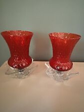 Set of 2 Vintage Red Glass Diamond Pattern Peg Votive Holders With Glass Base picture
