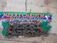 Vintage Molded Plastic Merry Christmas Plaque w/ Holly & Berries 14” picture
