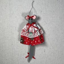 Vintage Handmade Felt Mouse Christmas Ornament Grey Mouse in Red Dress w/ Lace picture